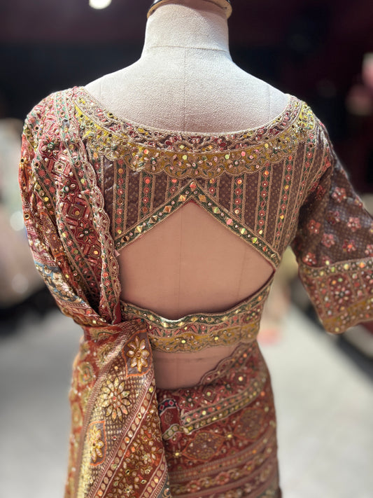 Rose Gold Multicolor Heavy Embroidered Designer Saree with Statement Blouse