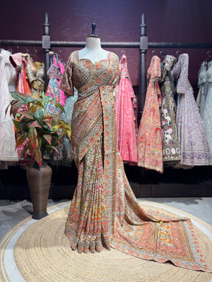 Peach Champagne Heavy Embroidered Designer Saree with Statement Blouse