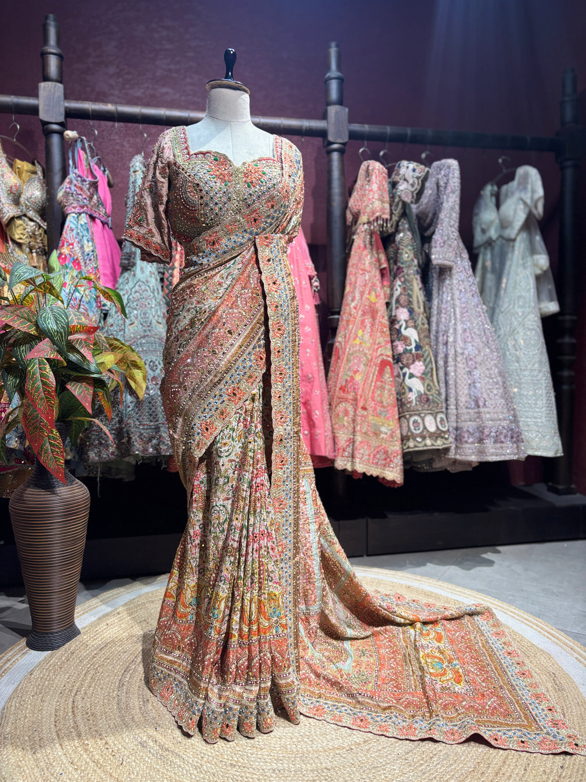 Peach Champagne Heavy Embroidered Designer Saree with Statement Blouse