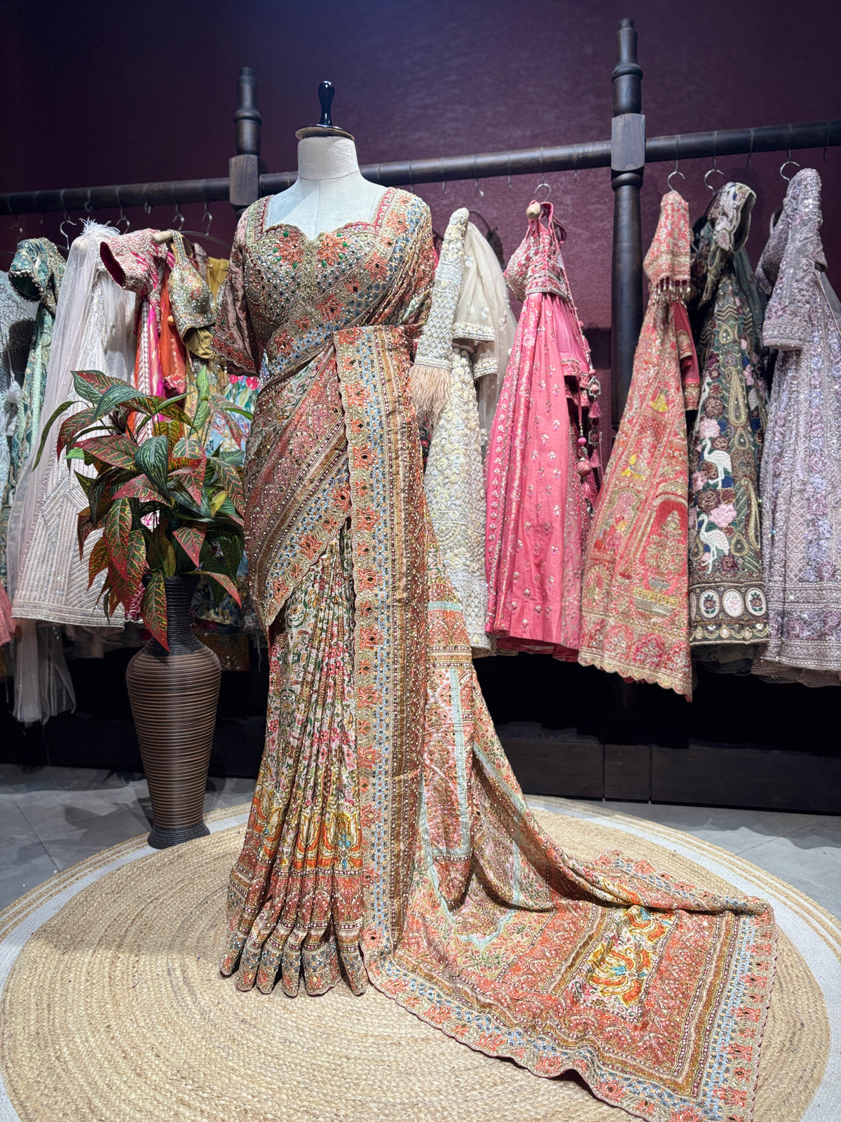 Peach Champagne Heavy Embroidered Designer Saree with Statement Blouse