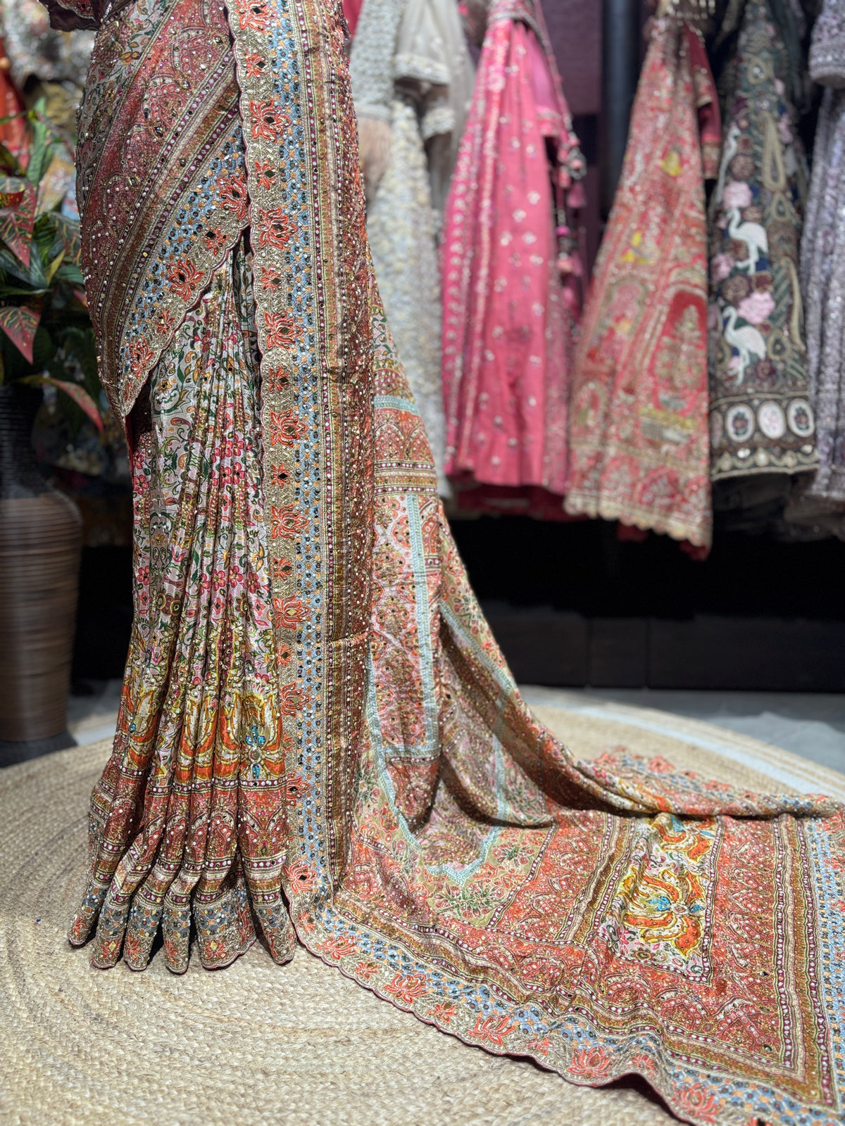 Peach Champagne Heavy Embroidered Designer Saree with Statement Blouse