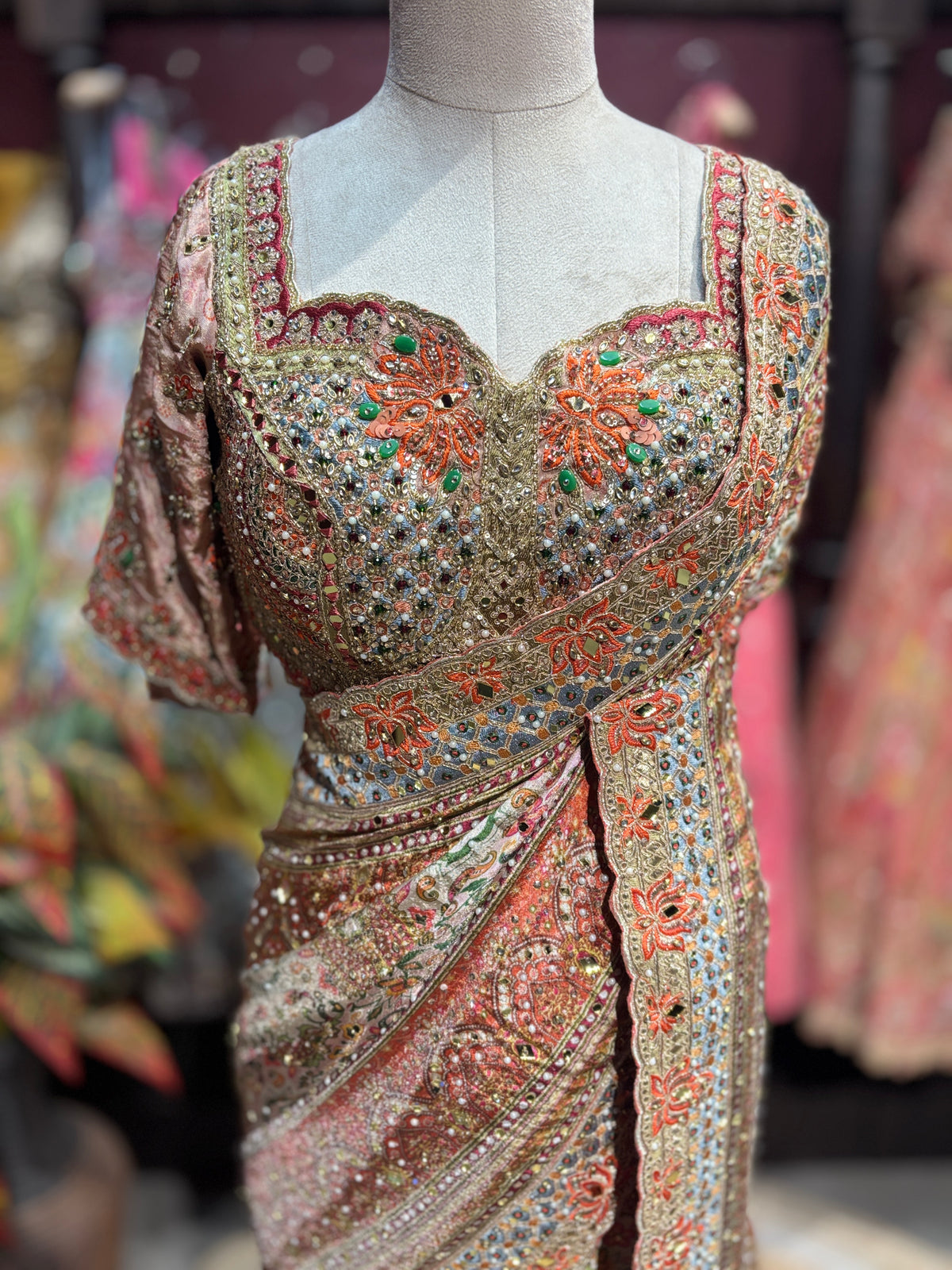 Peach Champagne Heavy Embroidered Designer Saree with Statement Blouse