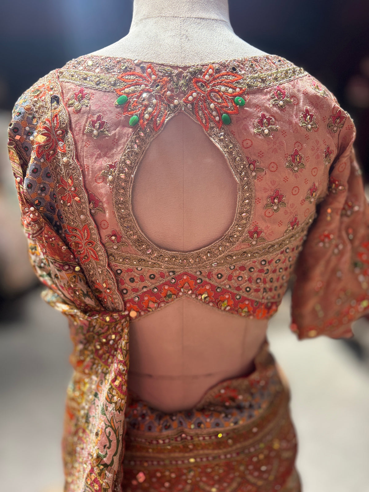 Peach Champagne Heavy Embroidered Designer Saree with Statement Blouse