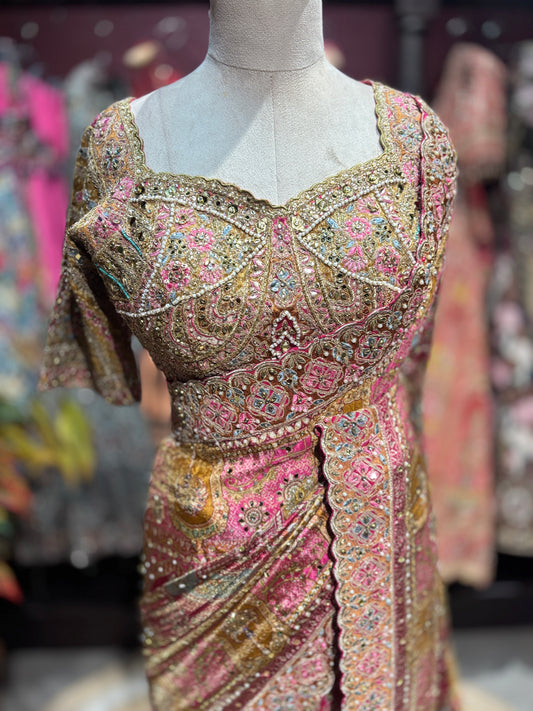 Rose Pink Heavy Embroidered Designer Saree with Embellished Blouse
