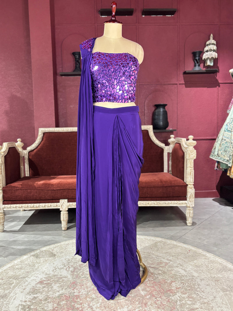 Purple Designer Drape Saree with Mirror Work