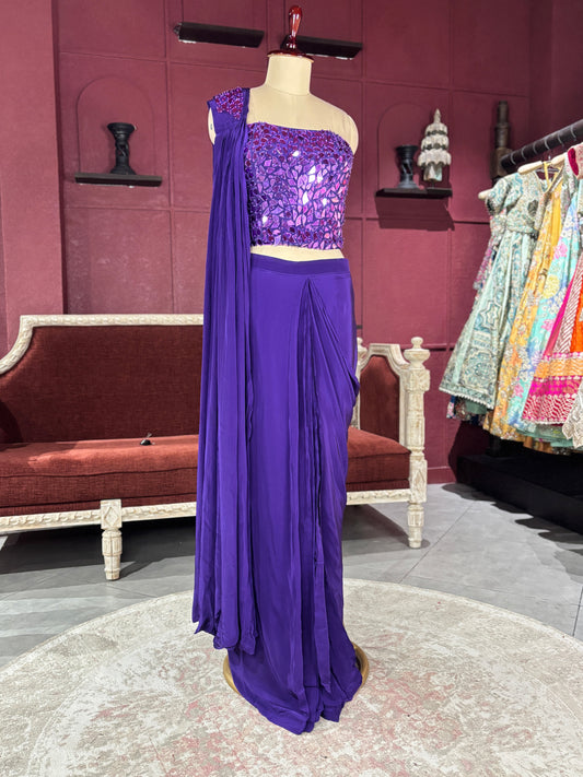 Purple Designer Drape Saree with Mirror Work