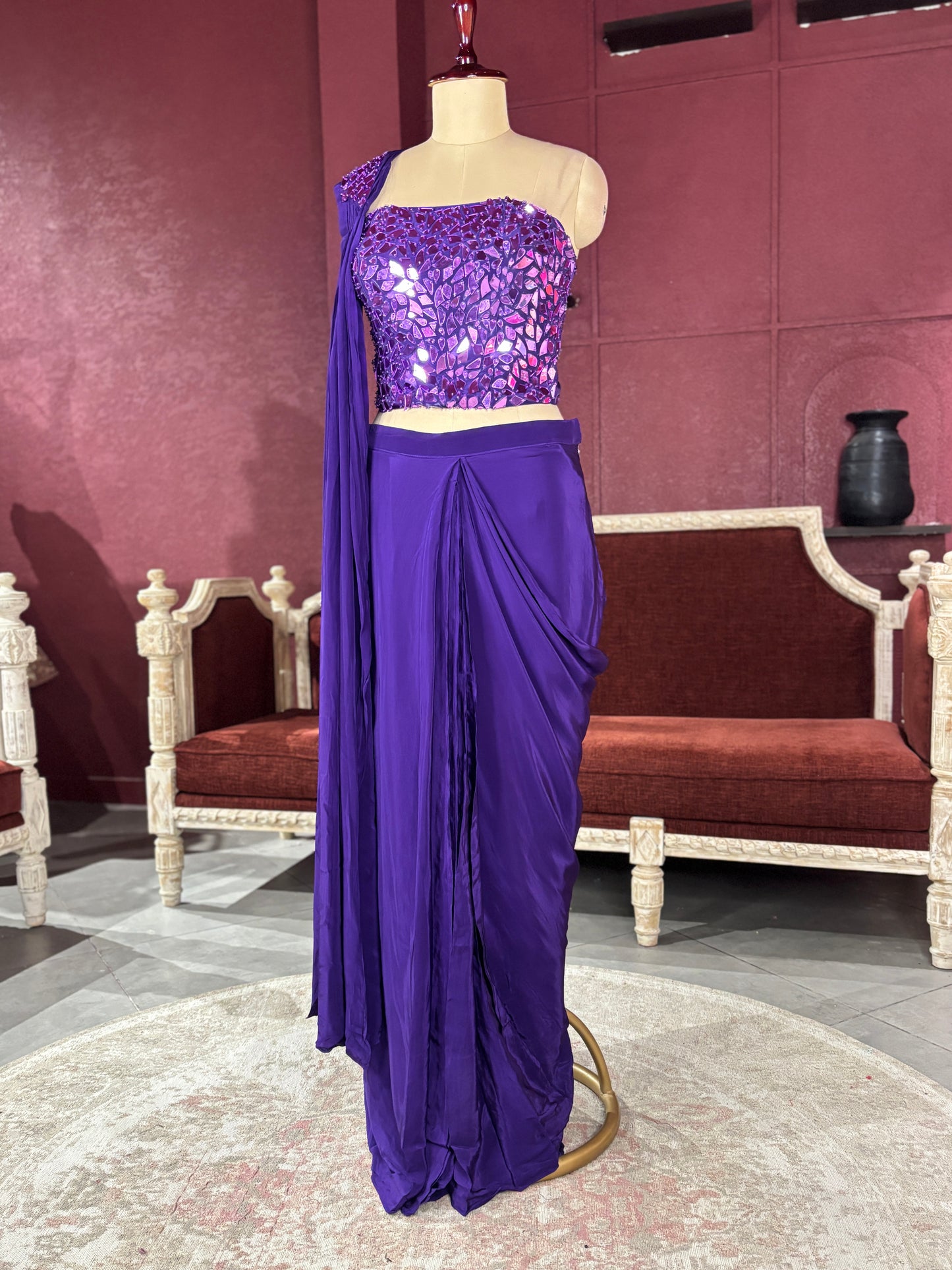 Purple Designer Drape Saree with Mirror Work