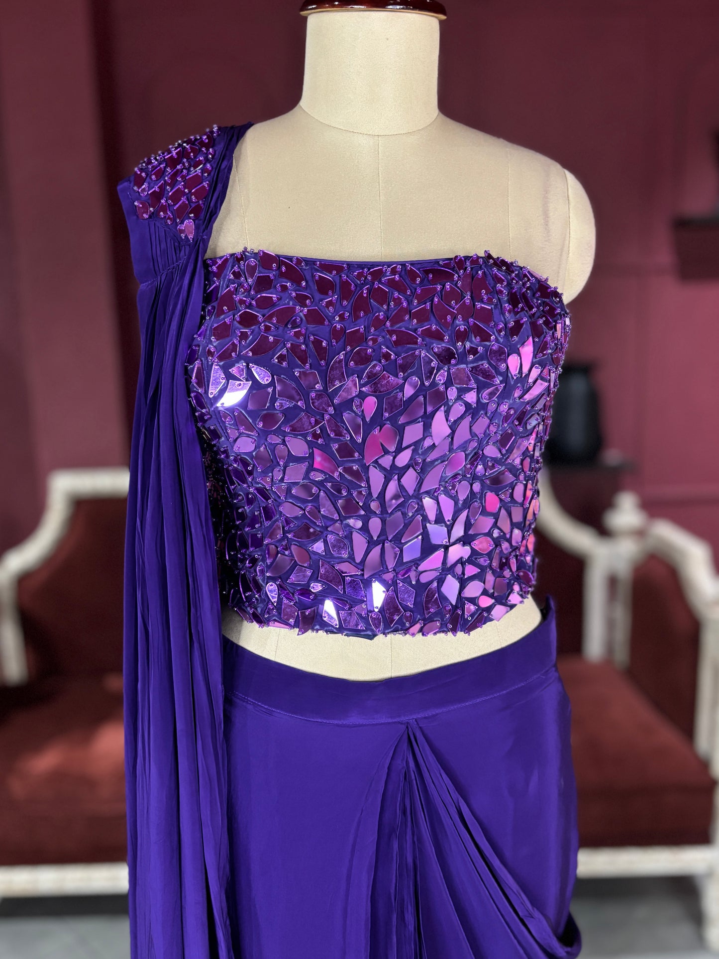 Purple Designer Drape Saree with Mirror Work