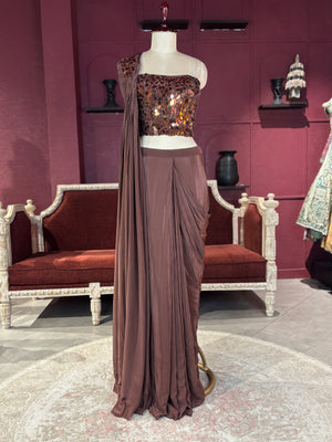 Brown  Designer Drape Saree with Mirror Work Blouse
