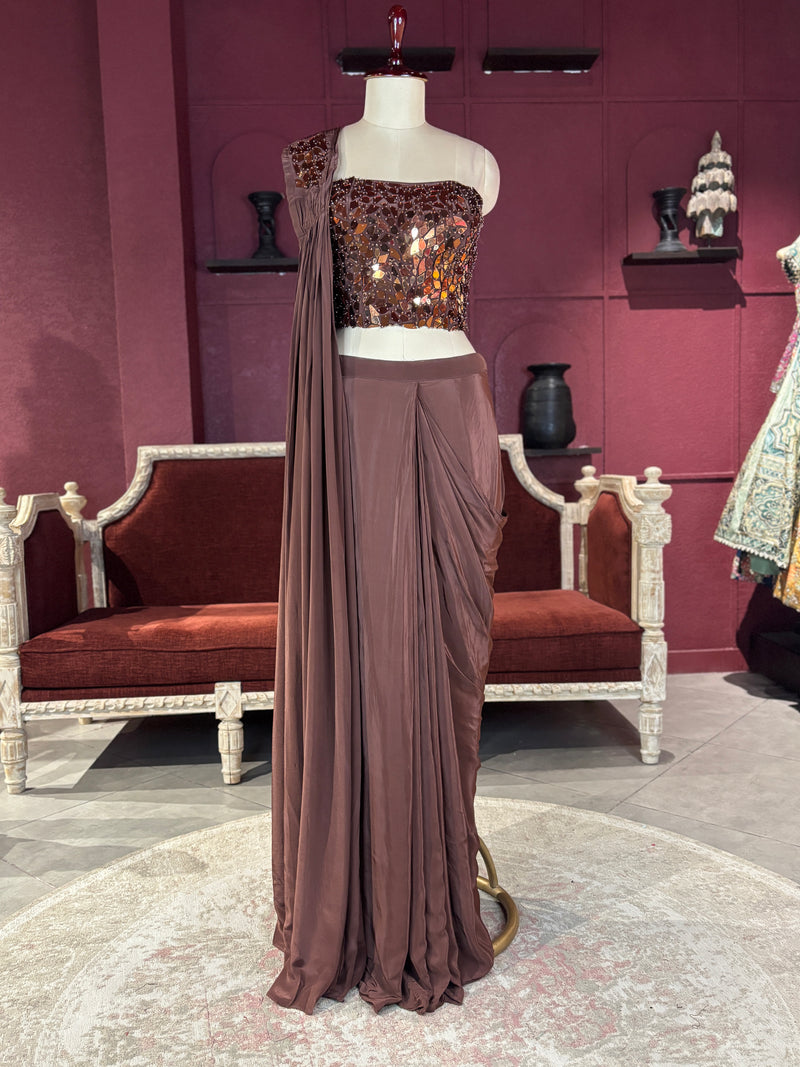 Brown  Designer Drape Saree with Mirror Work Blouse