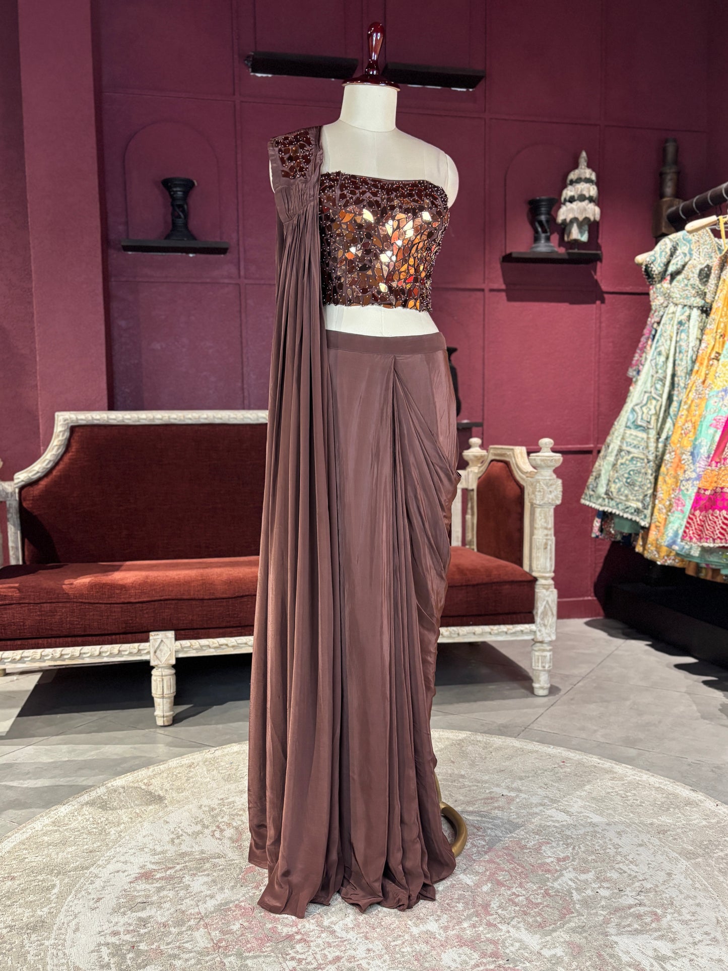Brown  Designer Drape Saree with Mirror Work Blouse