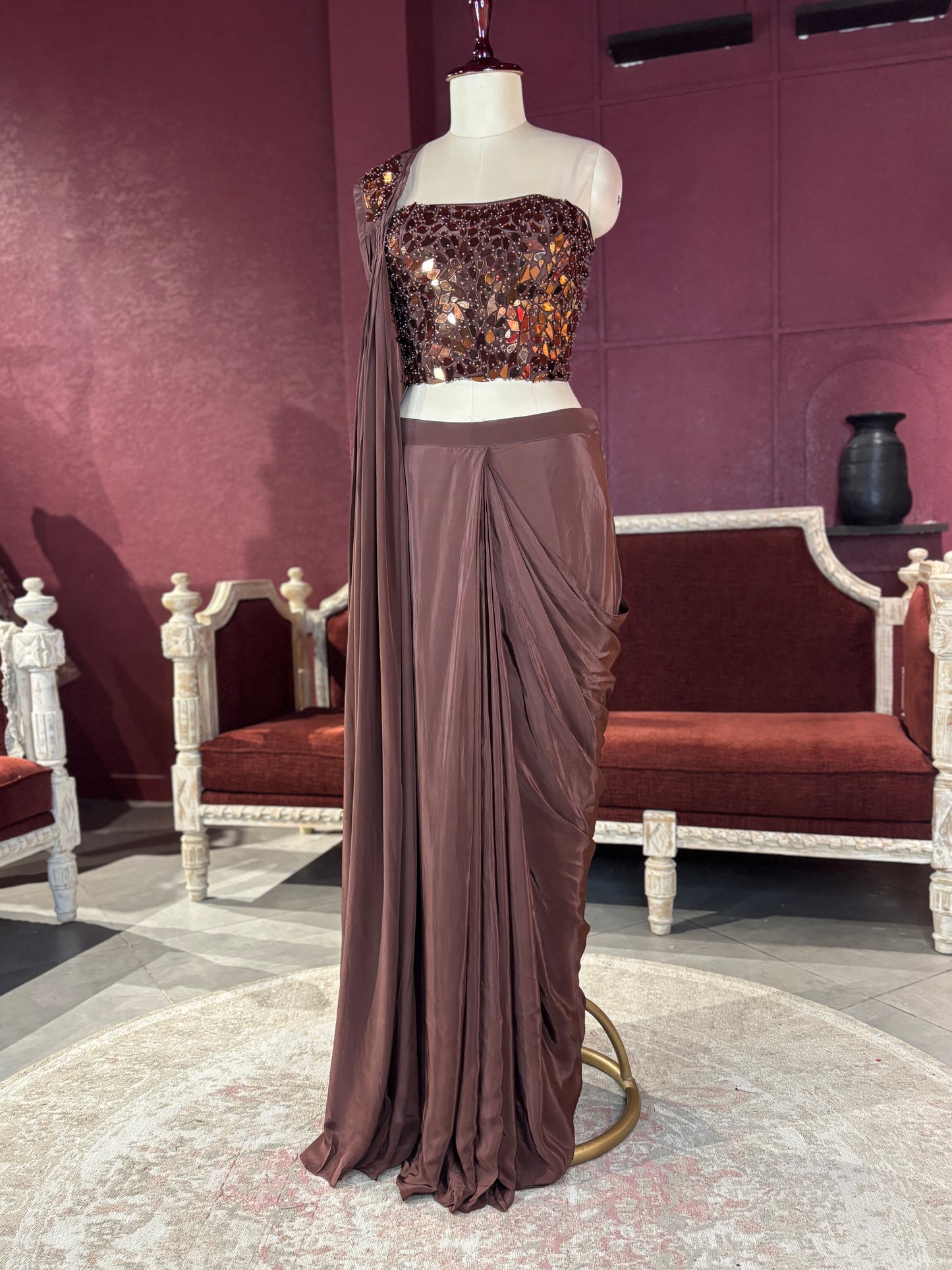Brown  Designer Drape Saree with Mirror Work Blouse