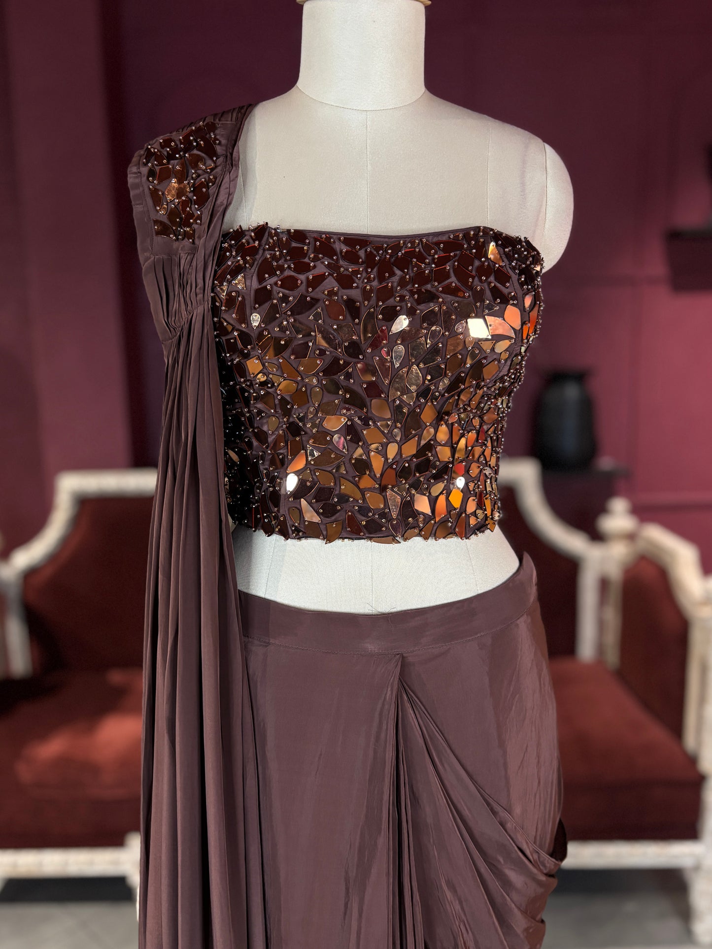 Brown  Designer Drape Saree with Mirror Work Blouse