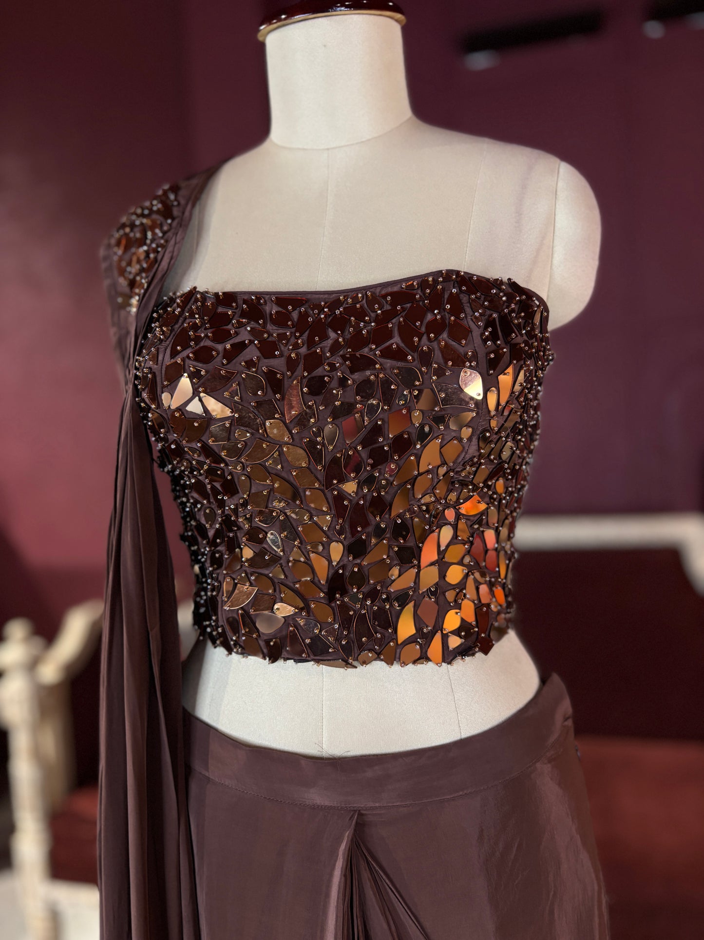 Brown  Designer Drape Saree with Mirror Work Blouse
