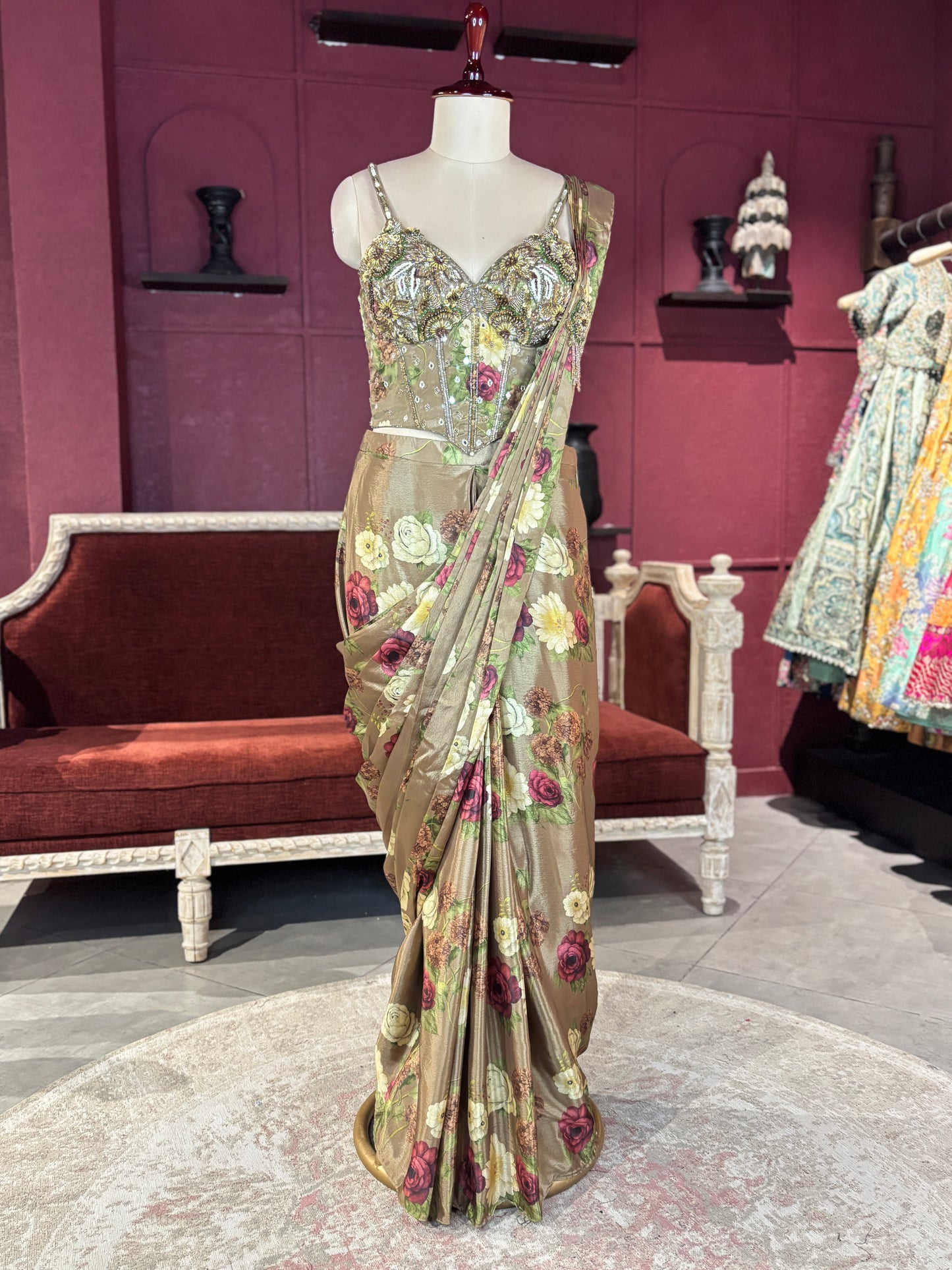 Multi Floral Designer Drape Saree with Floral Elegance