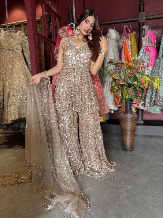 Champagne Gold Sequin Embellished Peplum Sharara Set with Dupatta