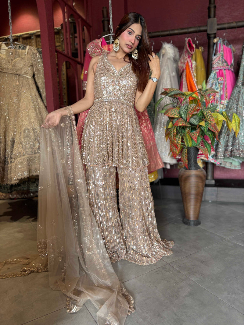 Champagne Gold Sequin Embellished Peplum Sharara Set with Dupatta