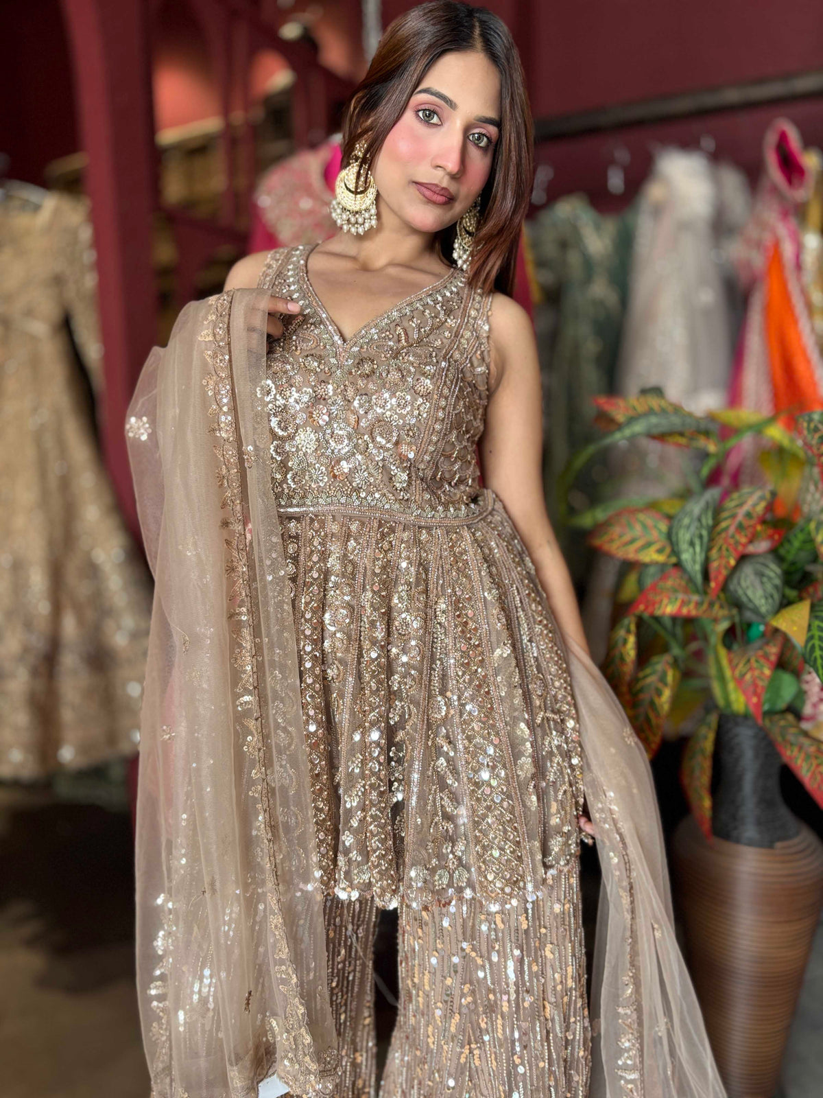 Champagne Gold Sequin Embellished Peplum Sharara Set with Dupatta