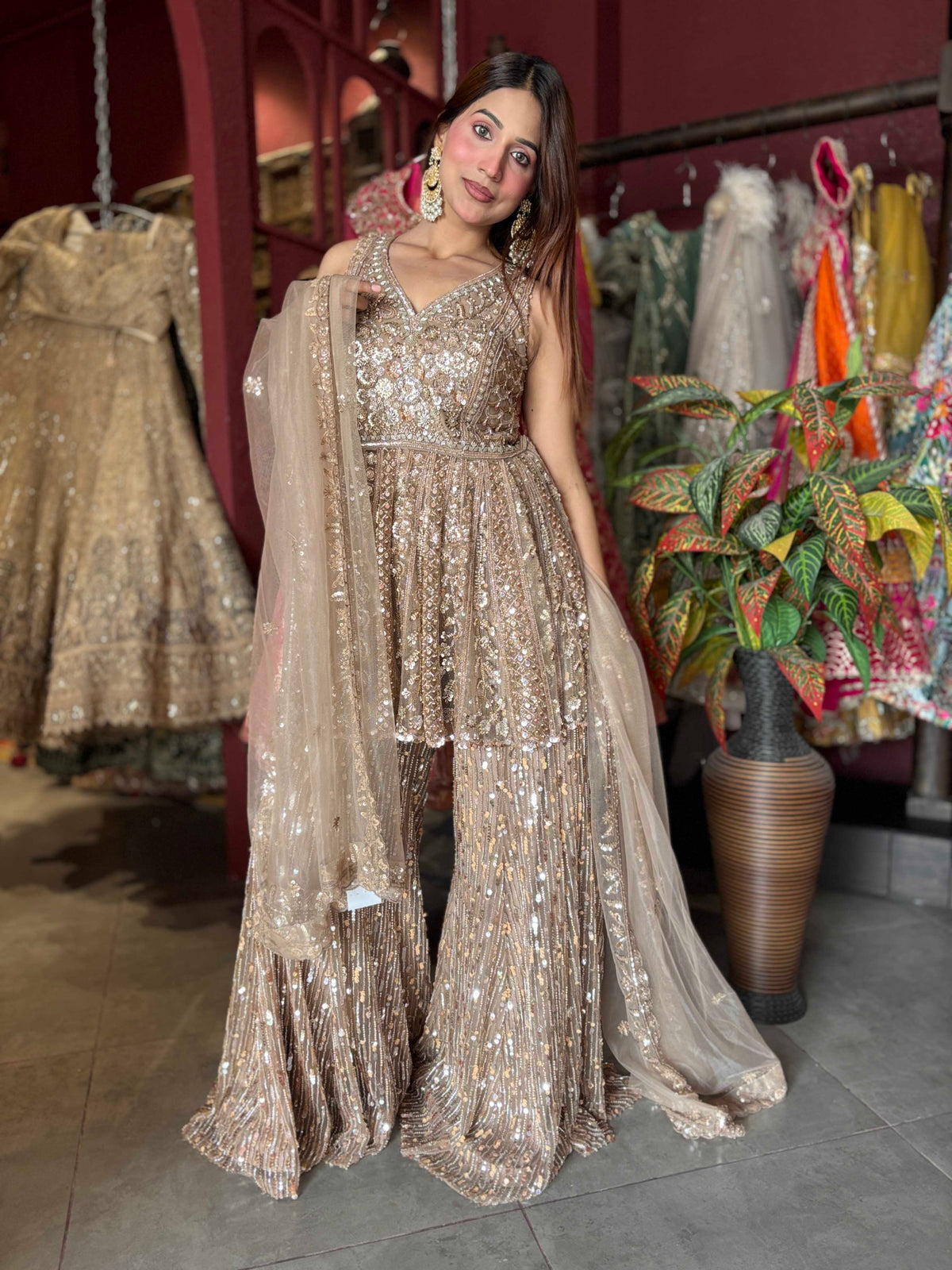 Champagne Gold Sequin Embellished Peplum Sharara Set with Dupatta