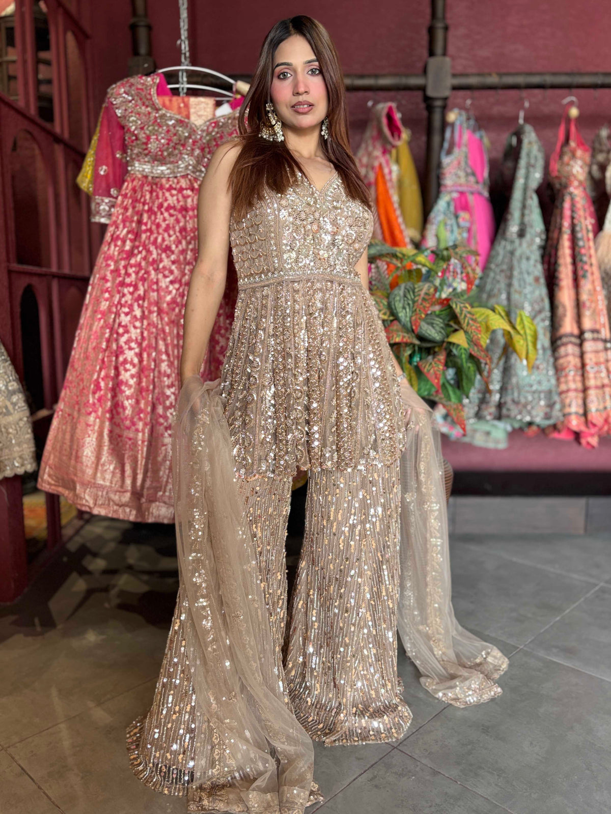 Champagne Gold Sequin Embellished Peplum Sharara Set with Dupatta