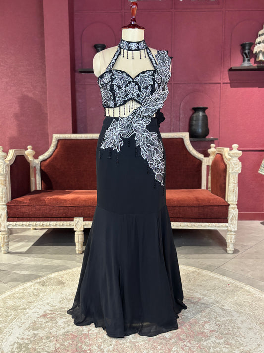 Black Designer Lehenga with White Floral Embroidery Detailing