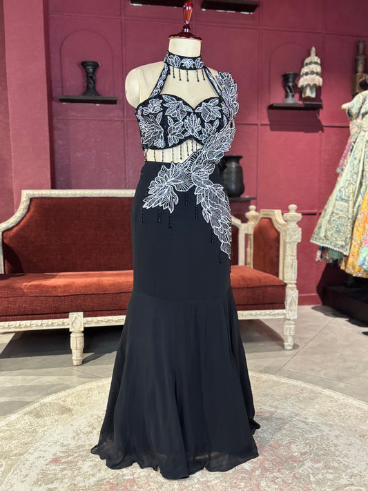 Black Designer Lehenga with White Floral Embroidery Detailing