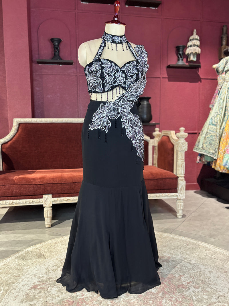 Black Designer Lehenga with White Floral Embroidery Detailing