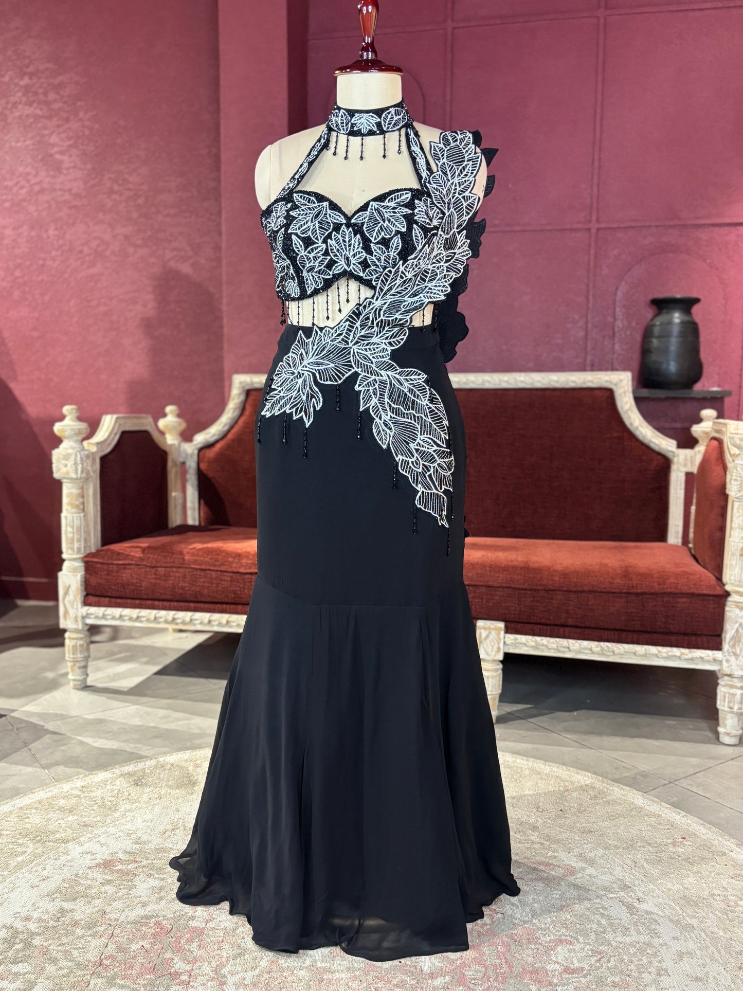 Black Designer Lehenga with White Floral Embroidery Detailing