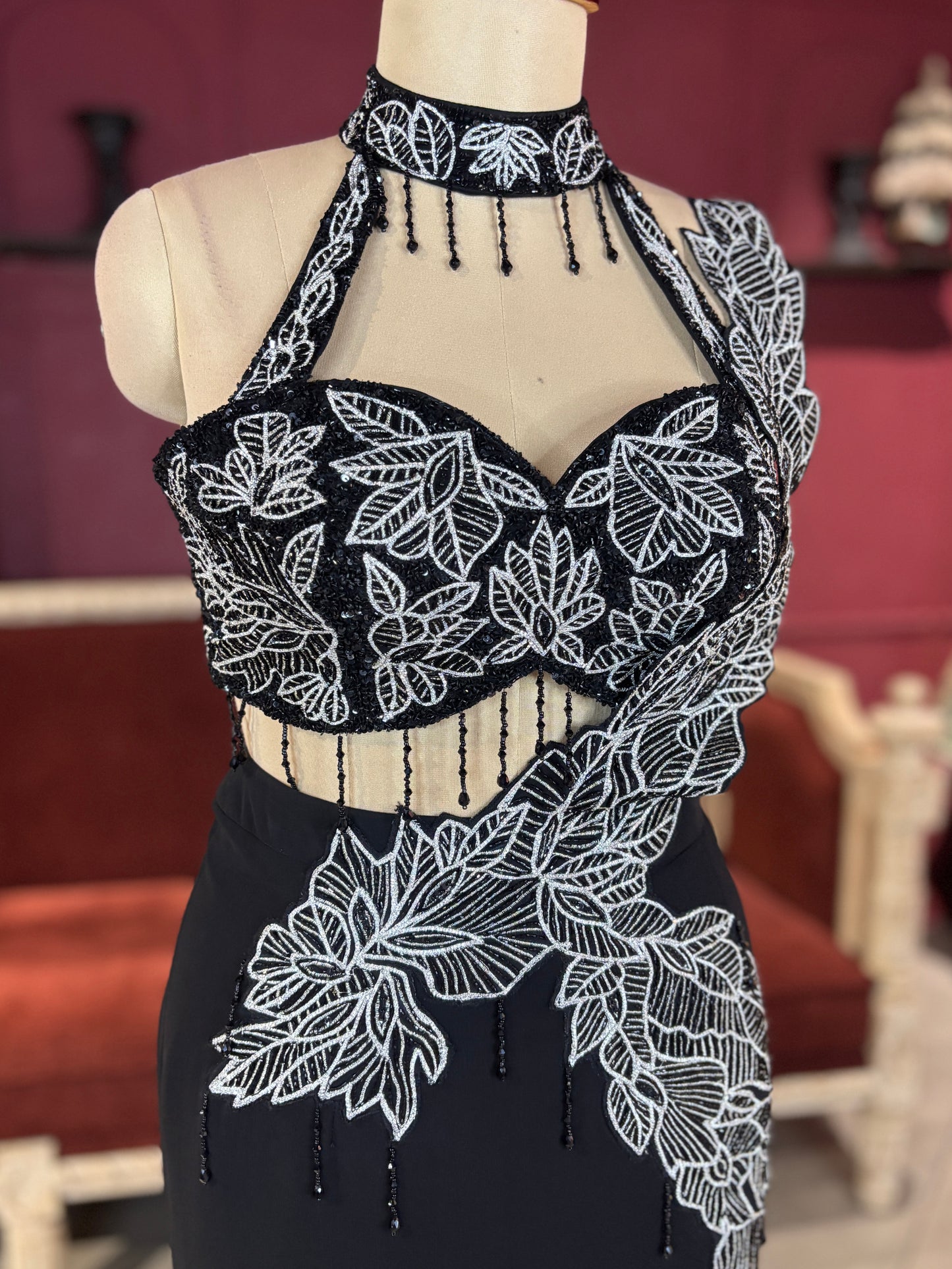 Black Designer Lehenga with White Floral Embroidery Detailing