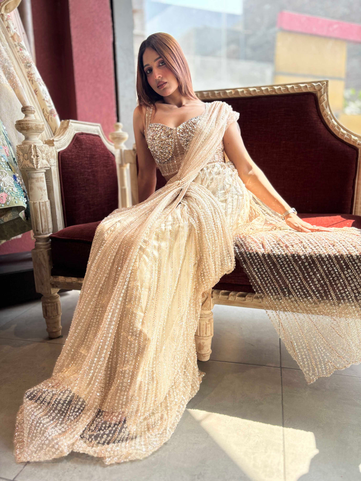 Champagne Gold Sequin Draped Saree with Embellished Corset Blouse