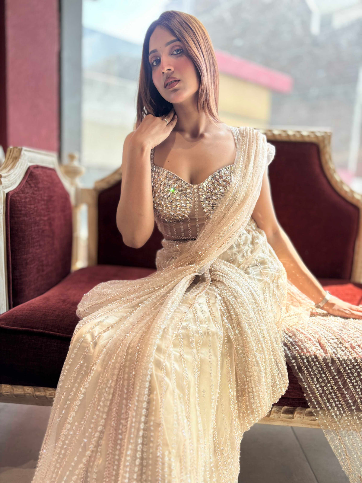 Champagne Gold Sequin Draped Saree with Embellished Corset Blouse