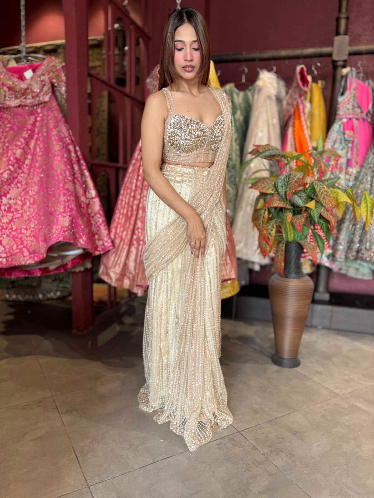 Champagne Gold Sequin Draped Saree with Embellished Corset Blouse