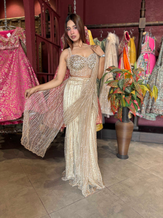 Champagne Gold Sequin Draped Saree with Embellished Corset Blouse