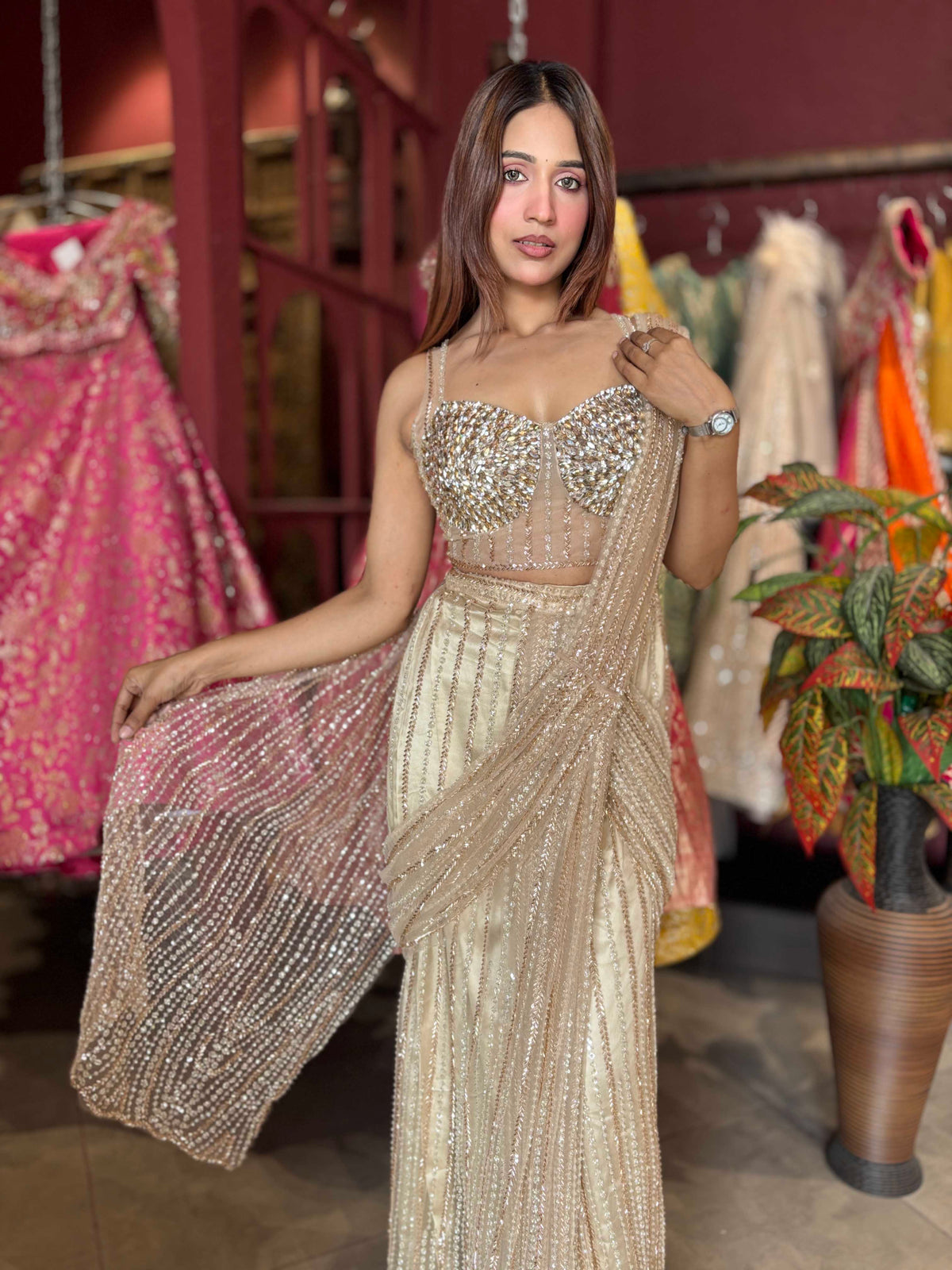 Champagne Gold Sequin Draped Saree with Embellished Corset Blouse