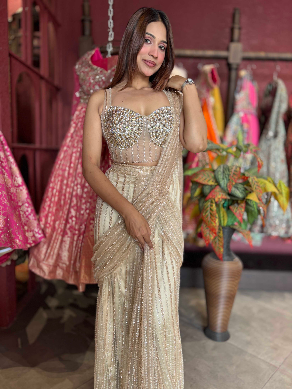 Champagne Gold Sequin Draped Saree with Embellished Corset Blouse