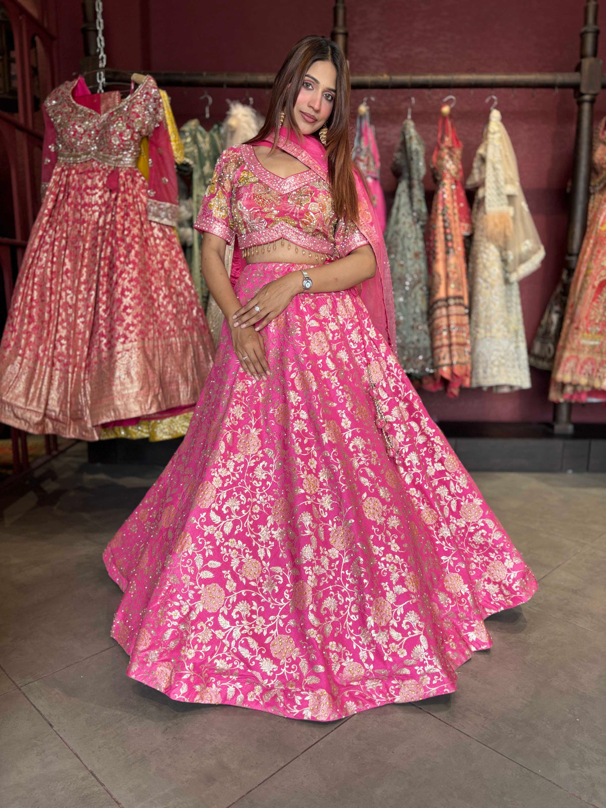Rani Pink Gold Floral Embroidered Designer Lehenga with Dupatta
