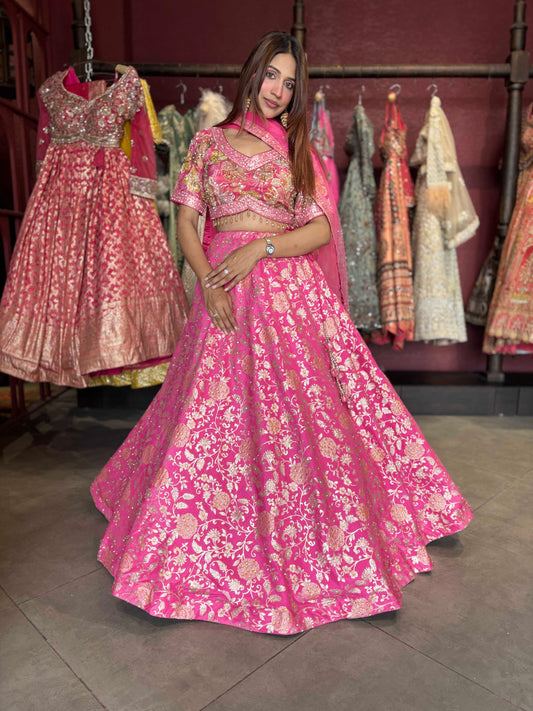 Rani Pink Gold Floral Embroidered Designer Lehenga with Dupatta