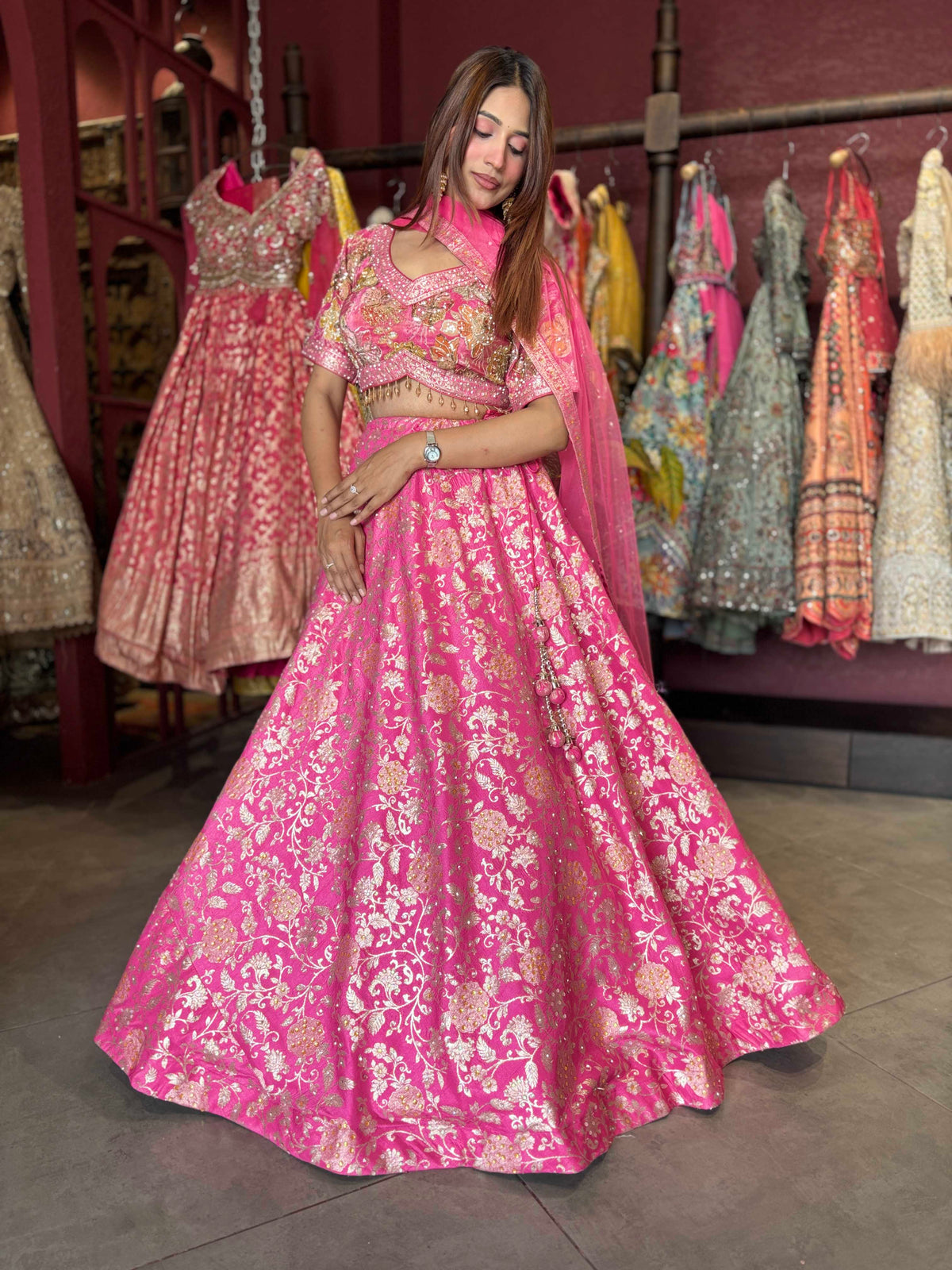 Rani Pink Gold Floral Embroidered Designer Lehenga with Dupatta