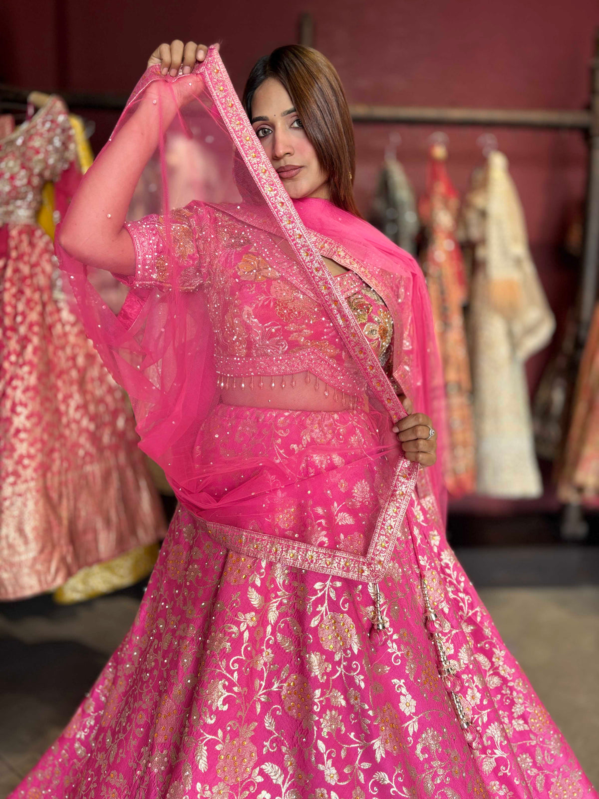 Rani Pink Gold Floral Embroidered Designer Lehenga with Dupatta