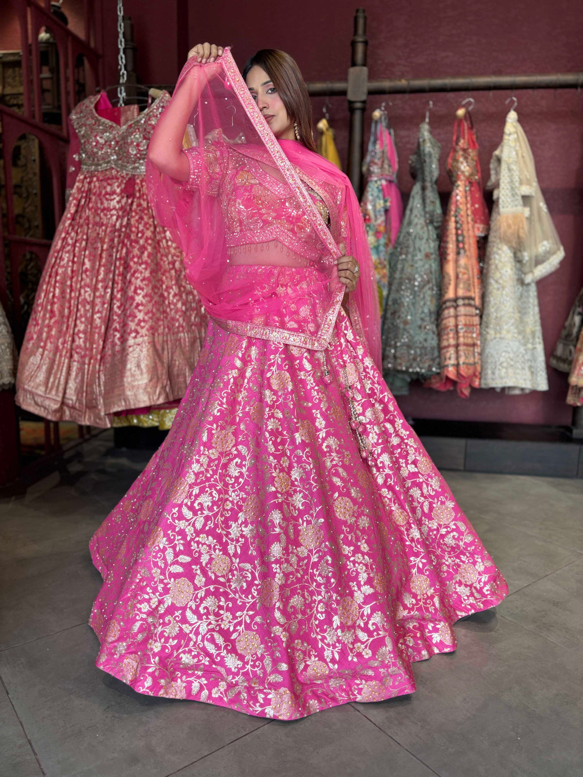 Rani Pink Gold Floral Embroidered Designer Lehenga with Dupatta