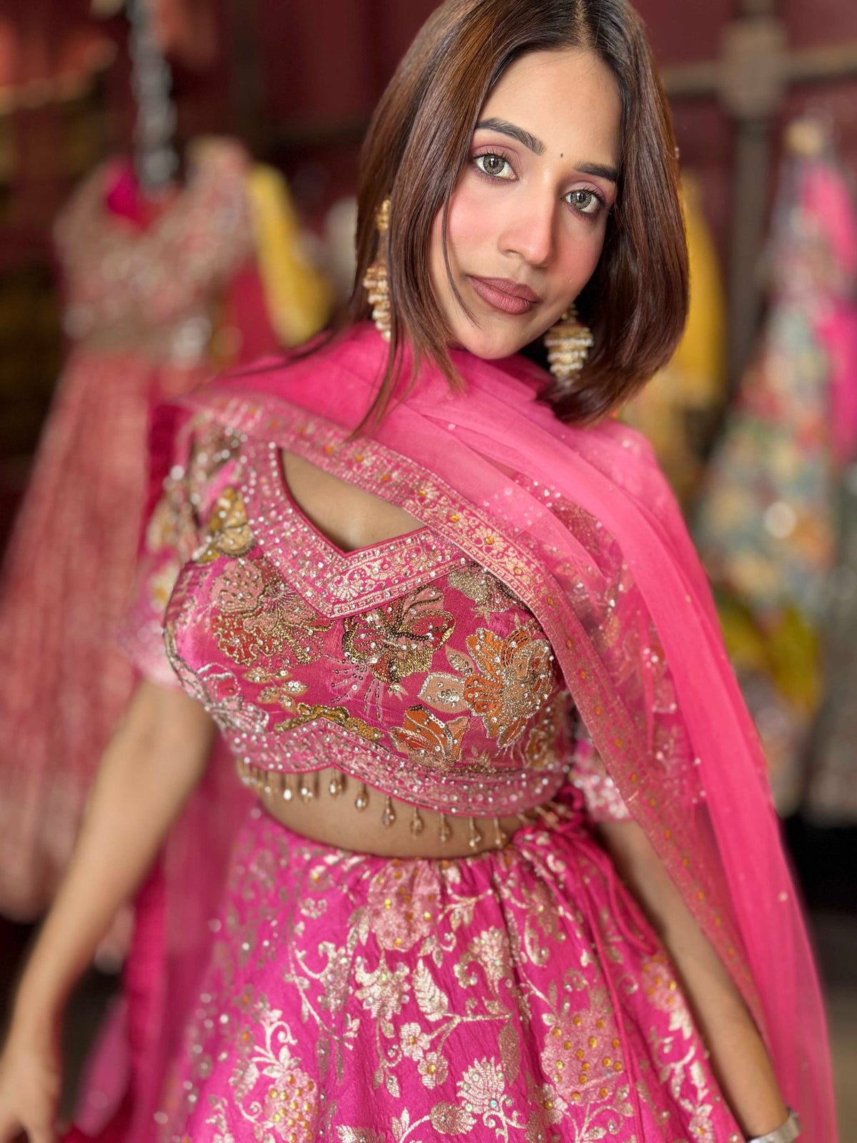 Rani Pink Gold Floral Embroidered Designer Lehenga with Dupatta