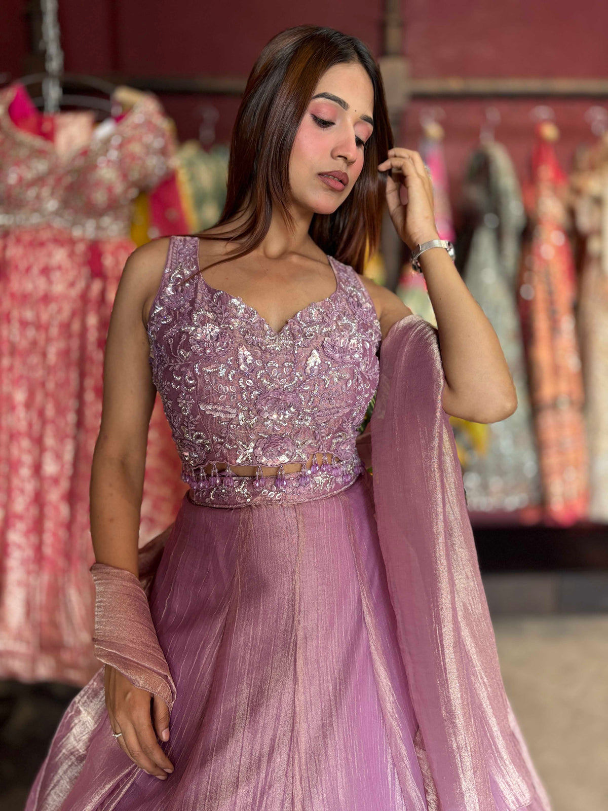 Lavender Shimmer Designer Lehenga with Embellished Blouse & Dupatta