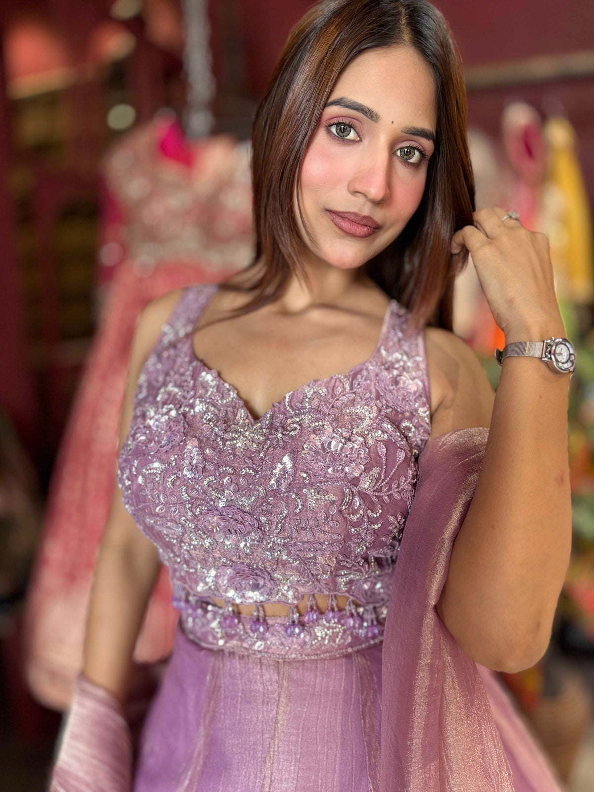 Lavender Shimmer Designer Lehenga with Embellished Blouse & Dupatta