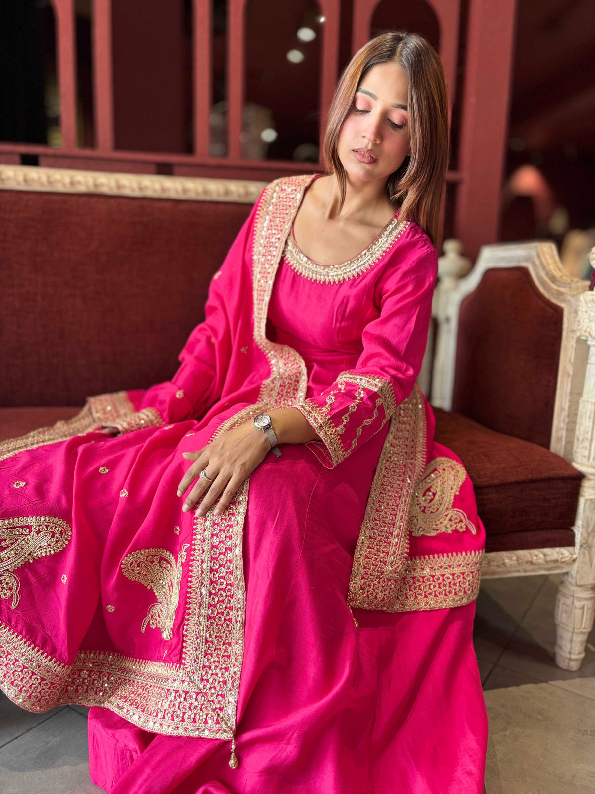 Rani Pink Embroidered Anarkali Gown with Designer Dupatta