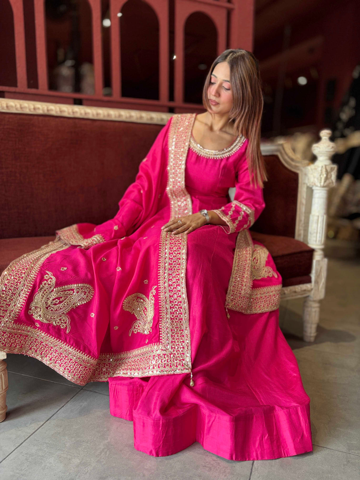 Rani Pink Embroidered Anarkali Gown with Designer Dupatta