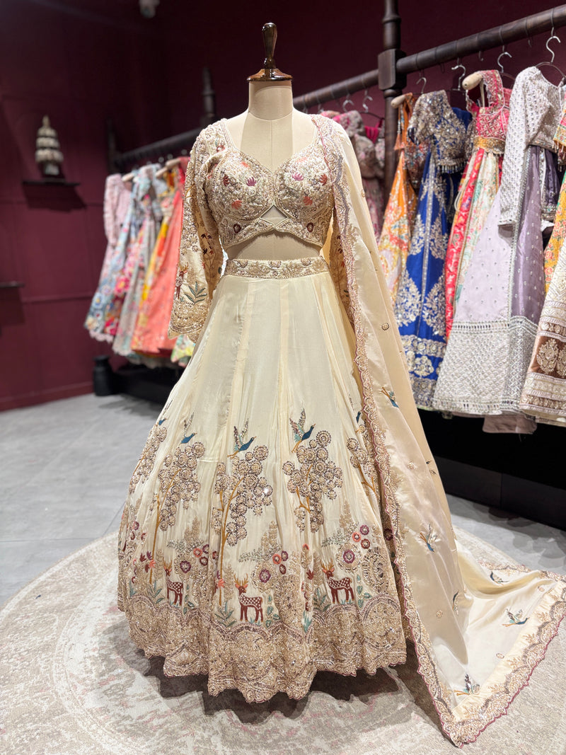 Ivory Gold Embroidered Lehenga With Floral & Bird Motifs