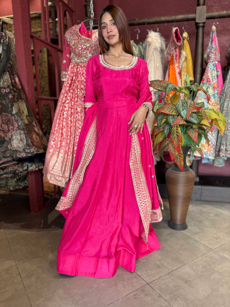 Rani Pink Embroidered Anarkali Gown with Designer Dupatta