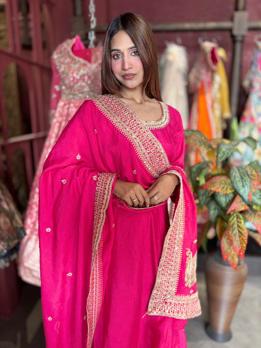 Rani Pink Embroidered Anarkali Gown with Designer Dupatta