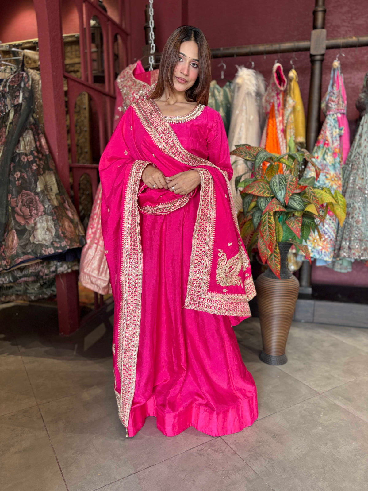 Rani Pink Embroidered Anarkali Gown with Designer Dupatta