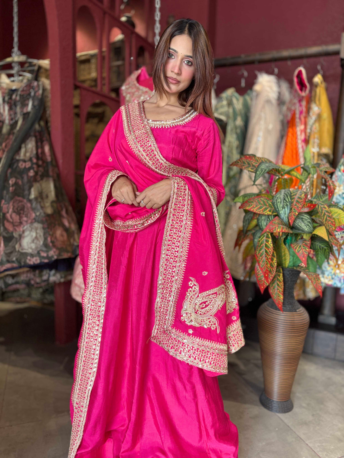 Rani Pink Embroidered Anarkali Gown with Designer Dupatta